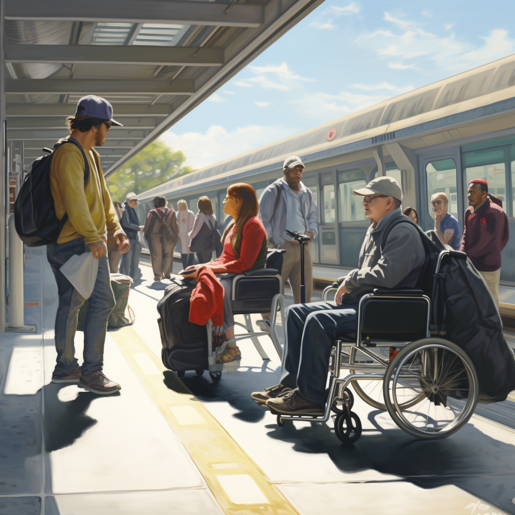 Diverse transit riders with luggage at train station