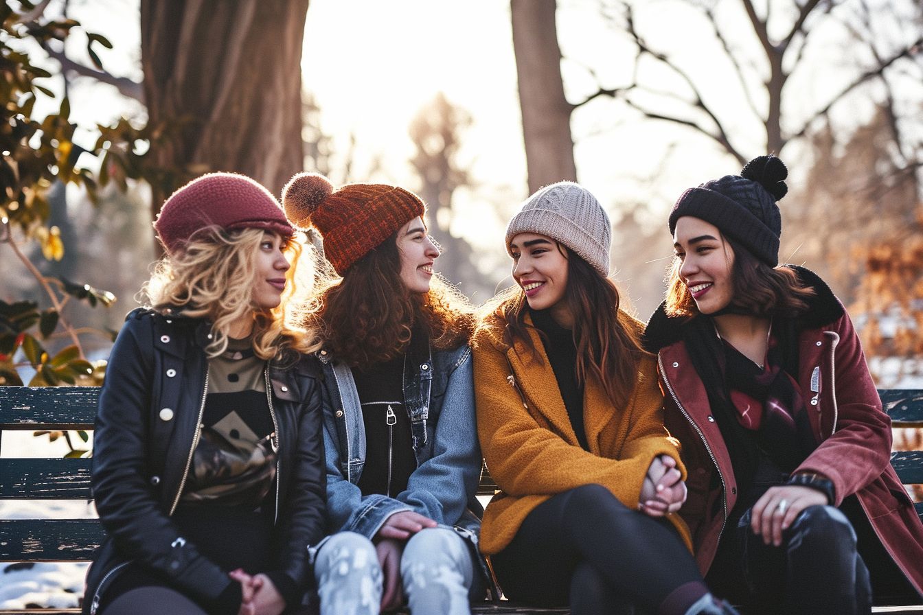 Four diverse young women sitting on park bench in winter