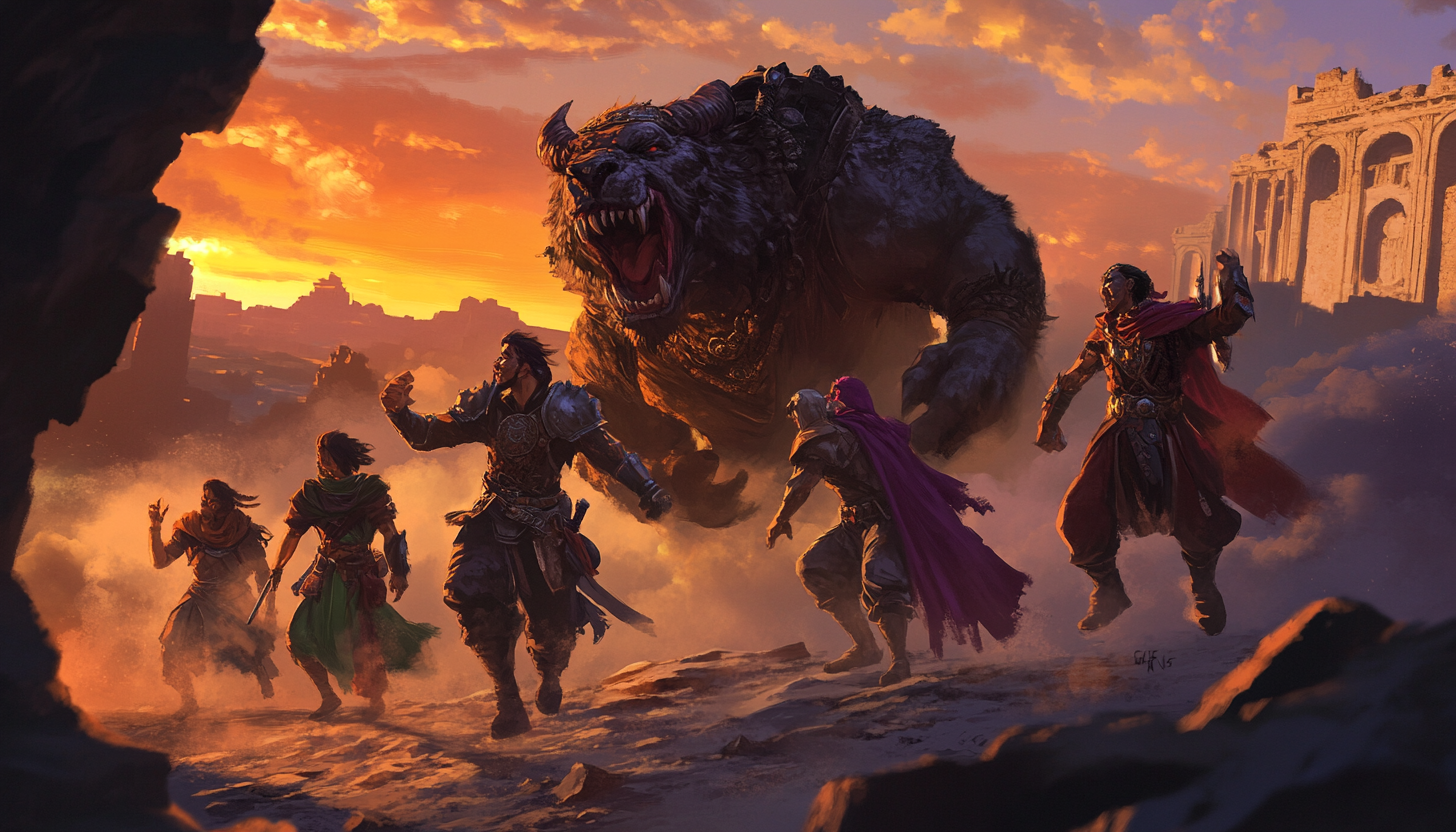 Diverse Adventurers Battle Sunset Ruins