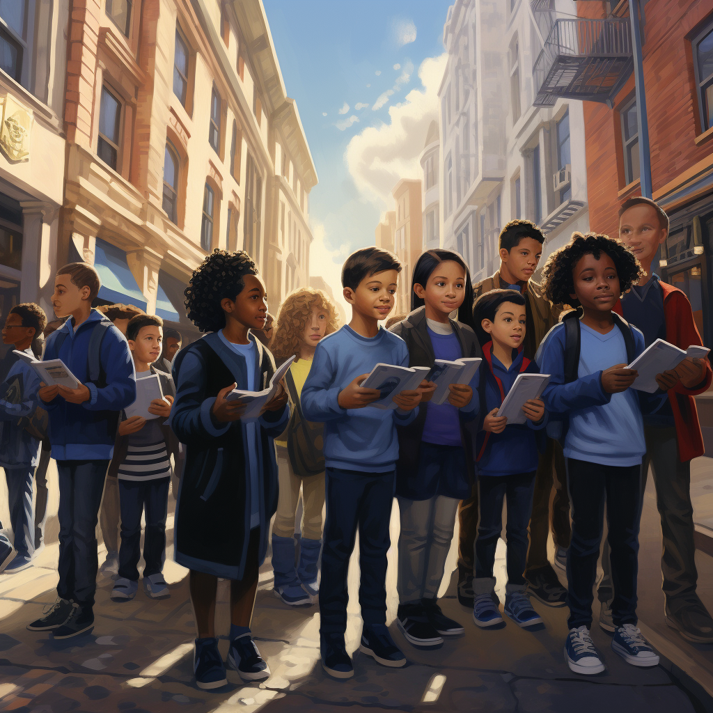 Diverse Children Exploring City with Blue Pamphlets