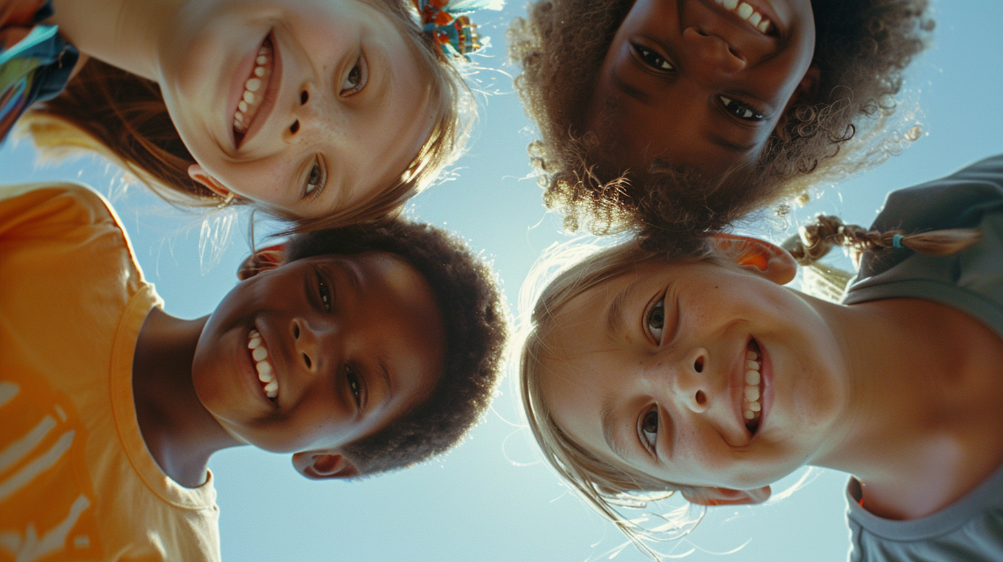 diverse children huddle smiling together