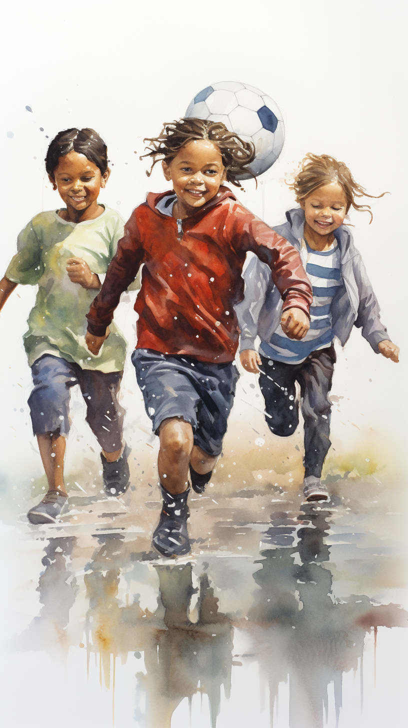 Realistic watercolor painting of diverse children playing football