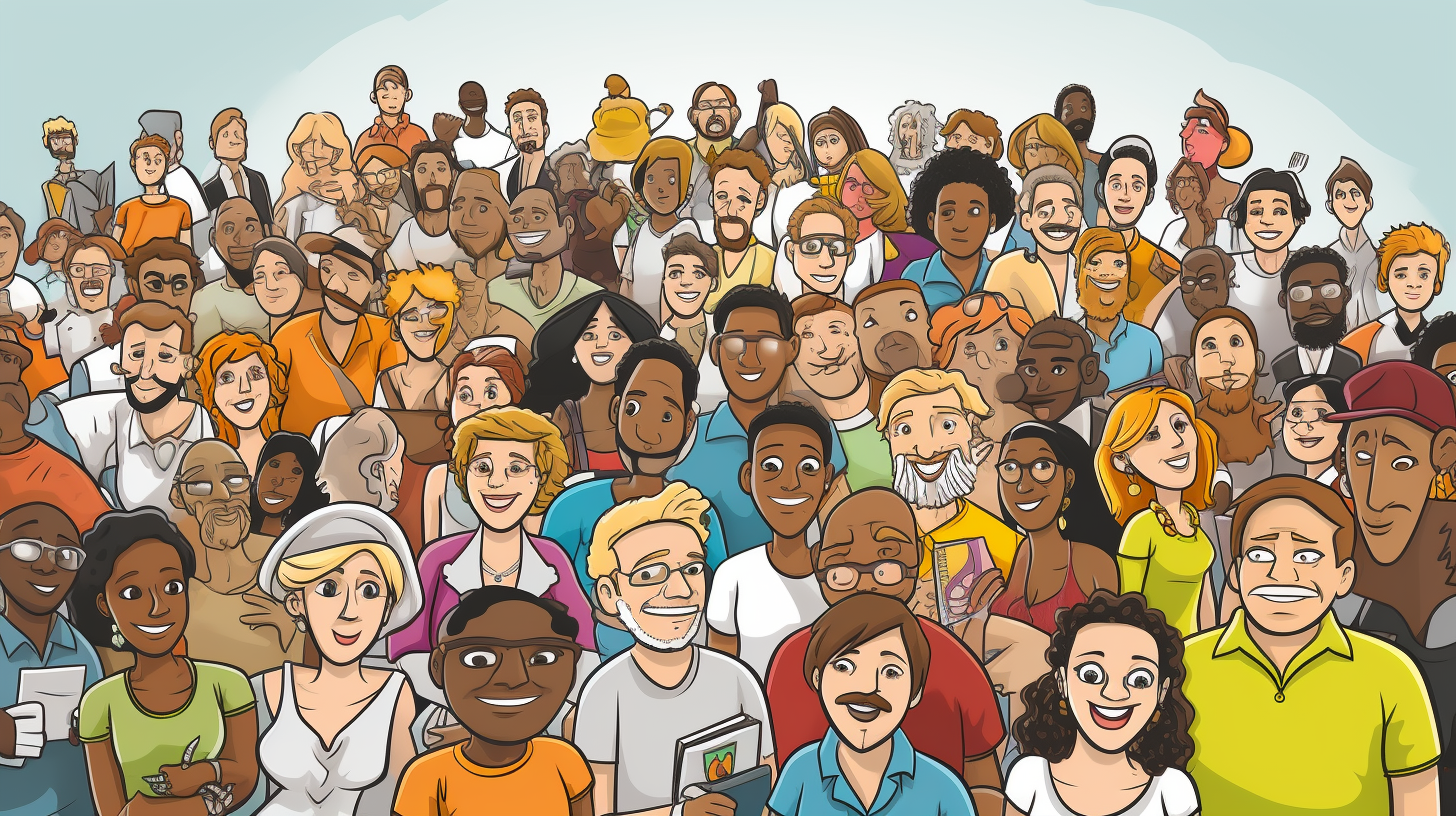 Cartoon illustration of diverse citizens gathering in a square