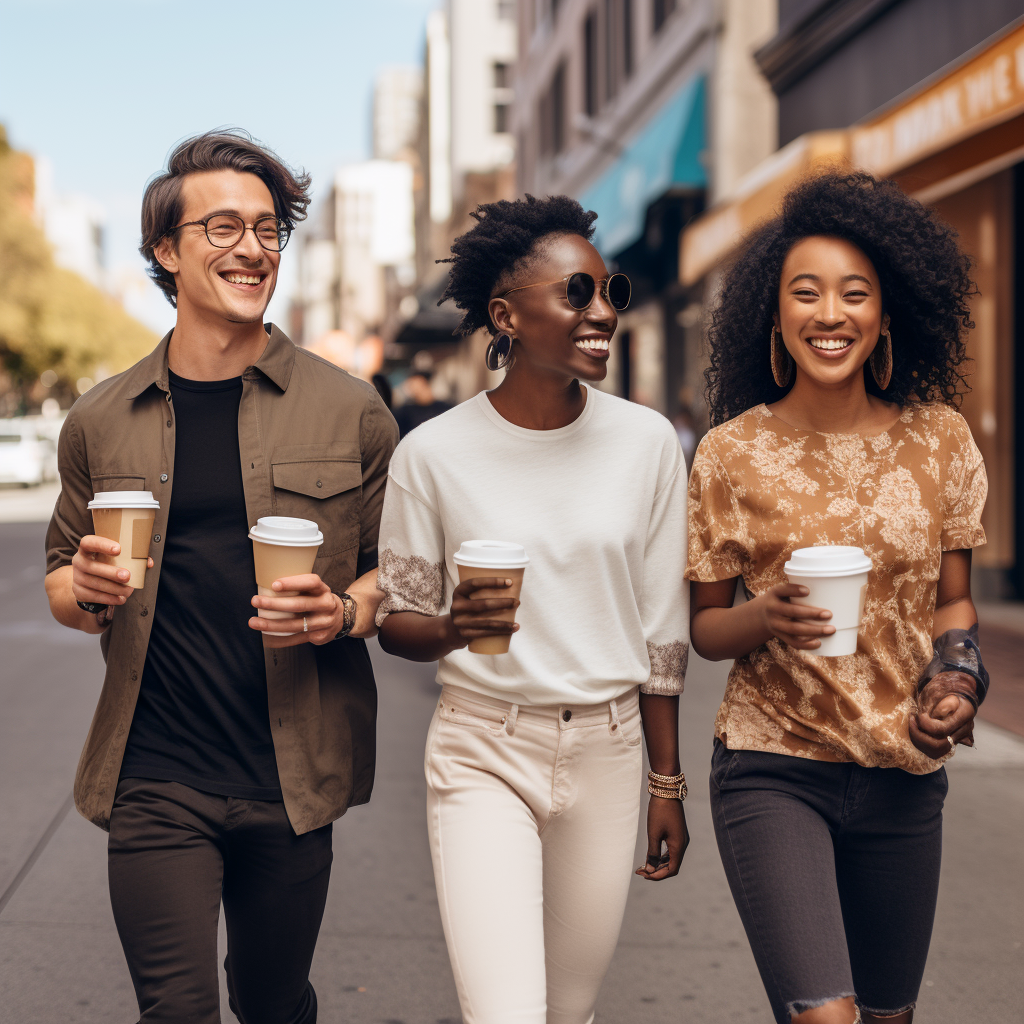 Ethnic diverse friends with coffee cups