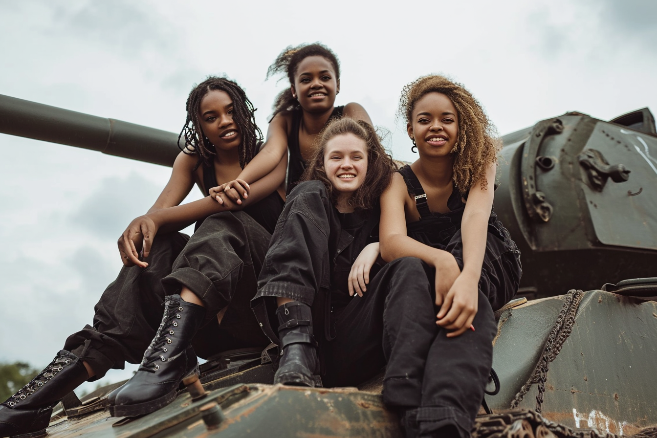 Four diverse Gen Z girls sitting on a WW2 tank