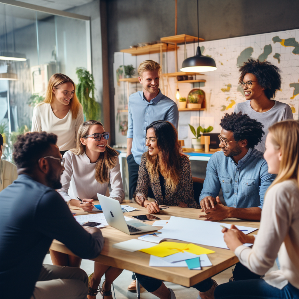 Diverse group brainstorming in bright office