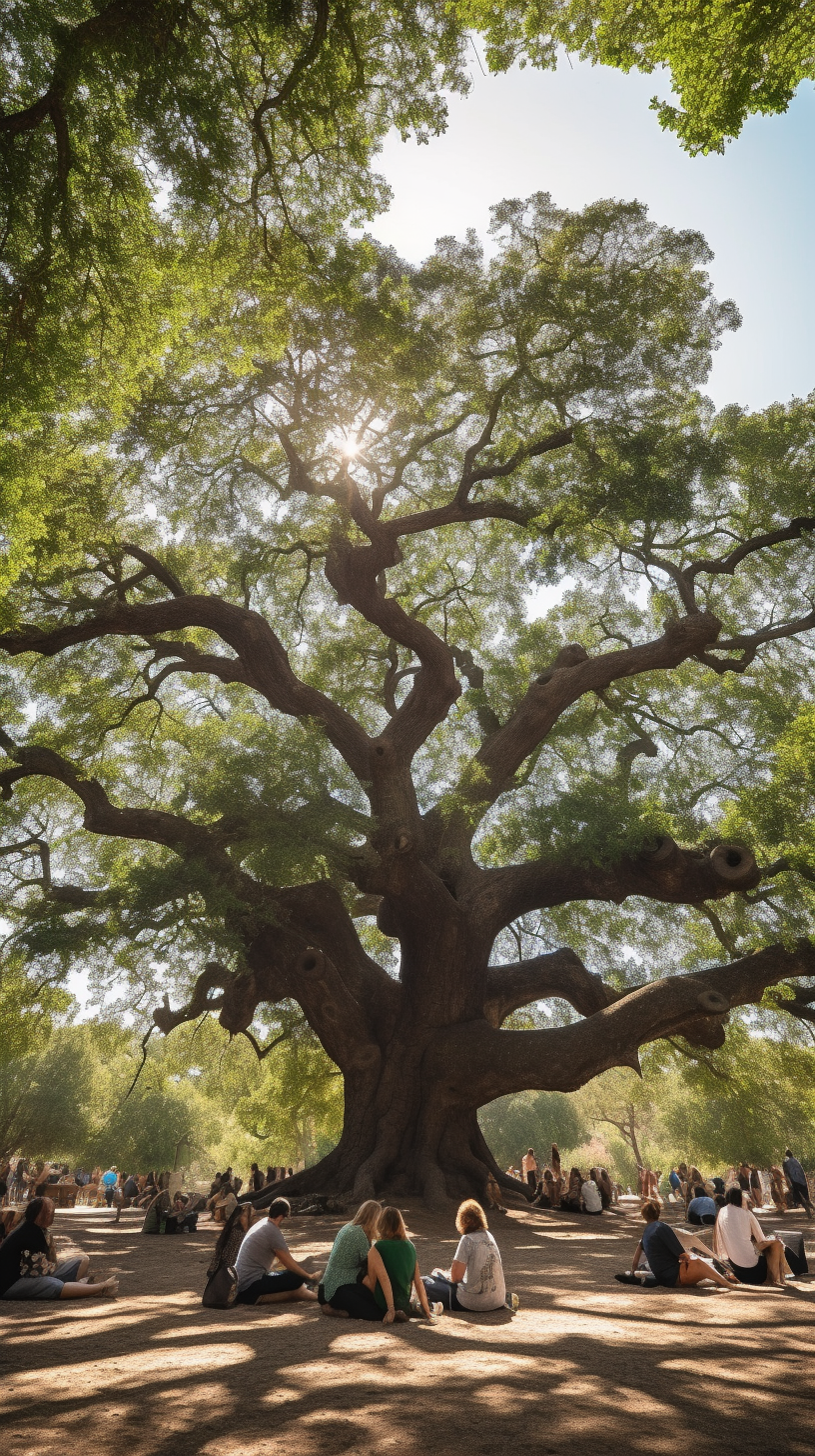 People of diverse ethnicities under oak tree