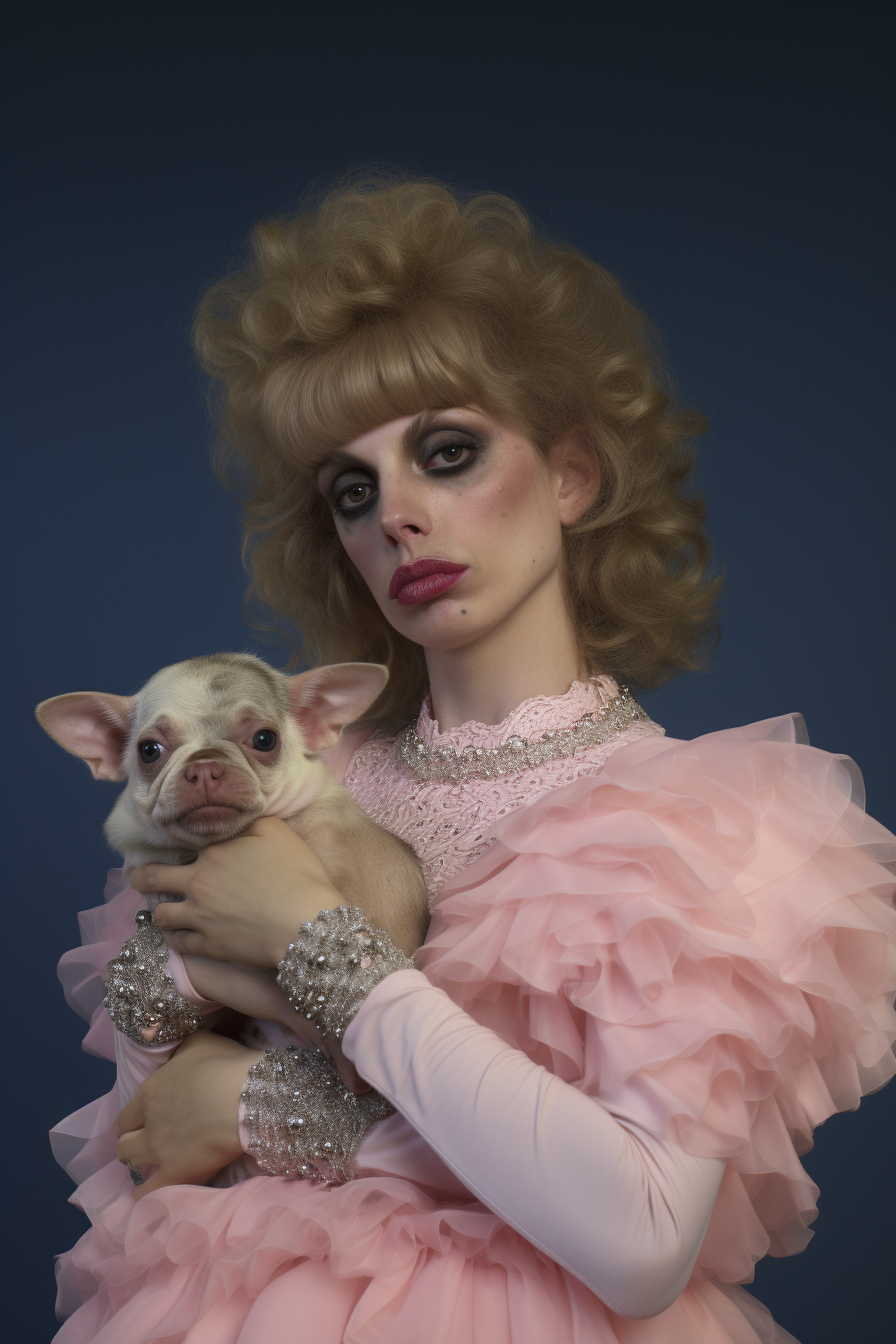 Drag queen Divine holding pig in dress