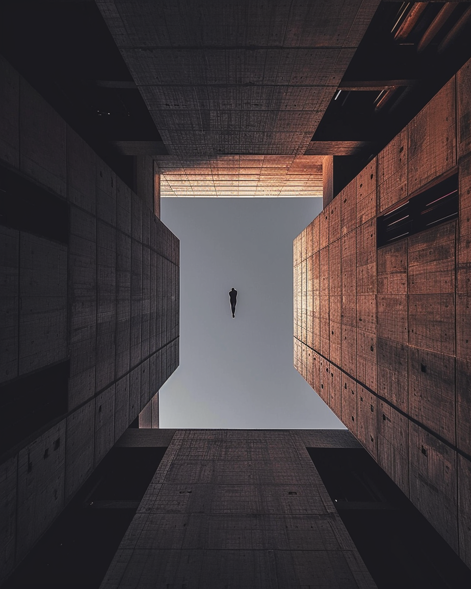 Man diving from monolithic skyscraper at dawn