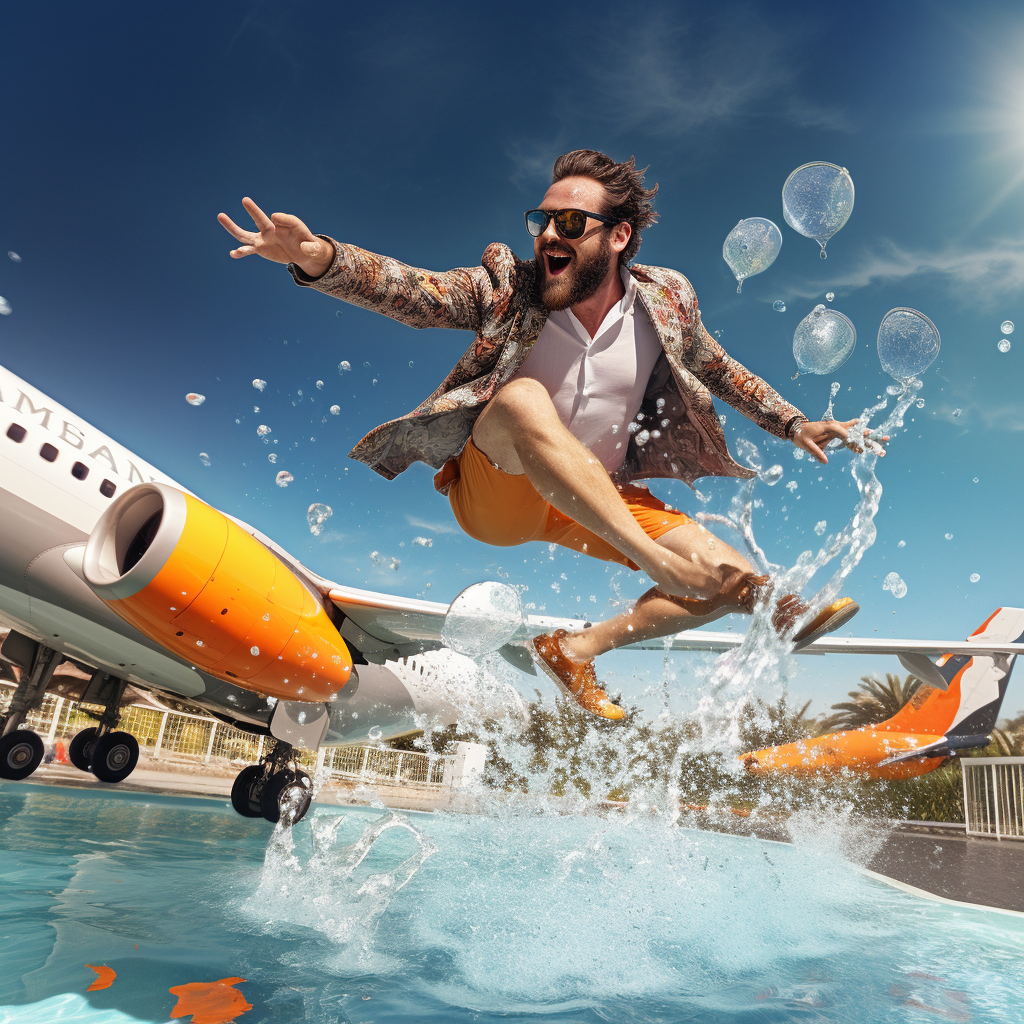 Man drinking beer and swimming in oranges-filled pool