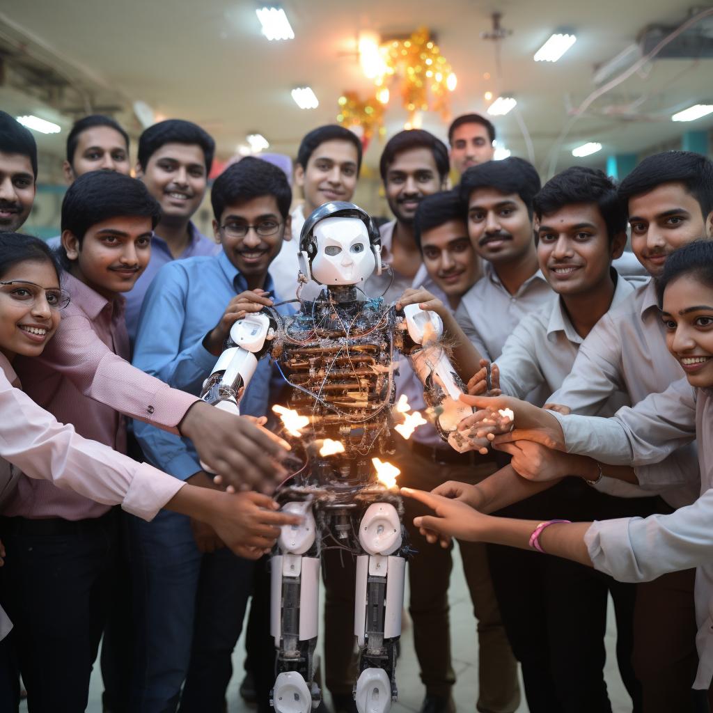 Indian engineering students celebrating Diwali with robots