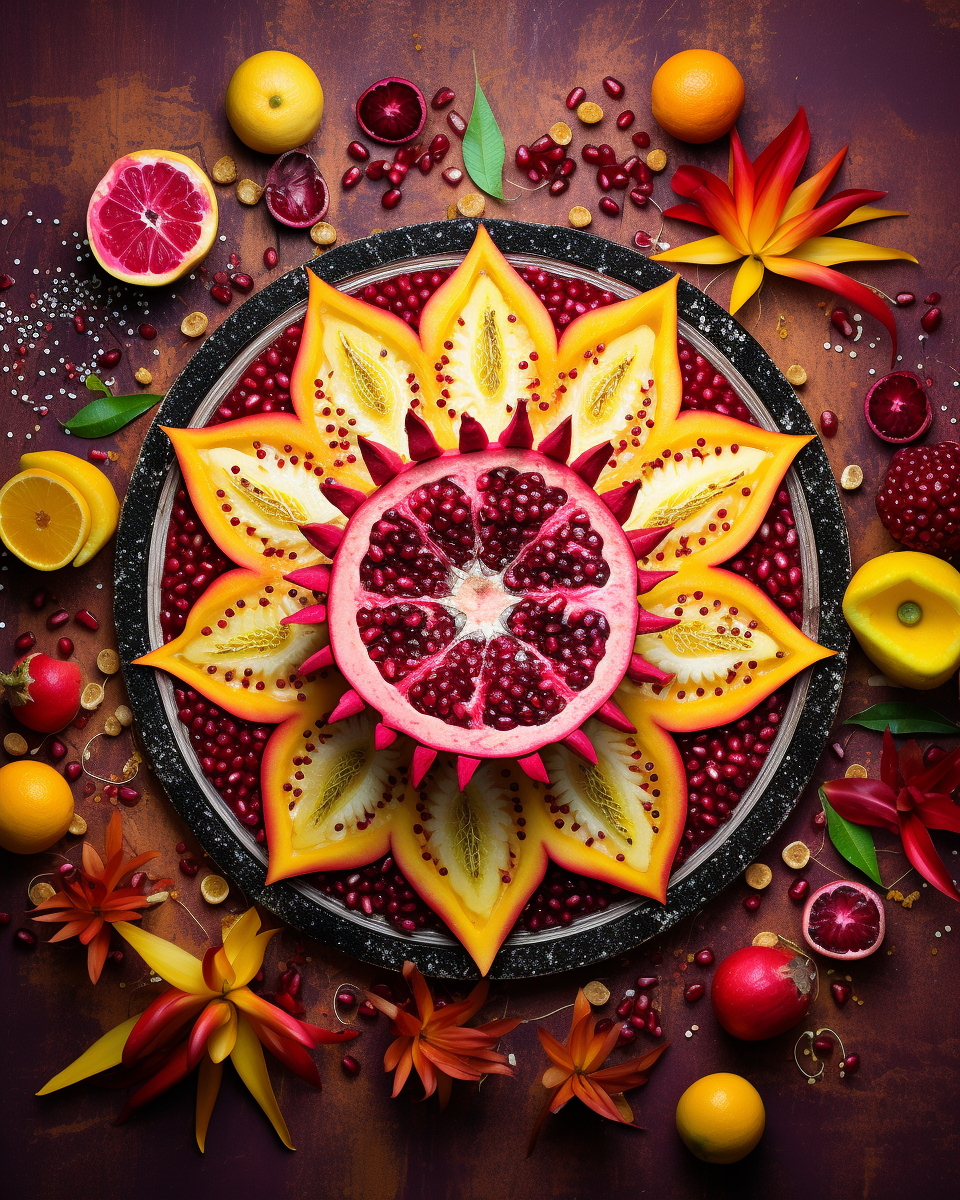 Colorful Diwali Mandala with Mango, Pomegranate, and Dragon Fruit Seeds