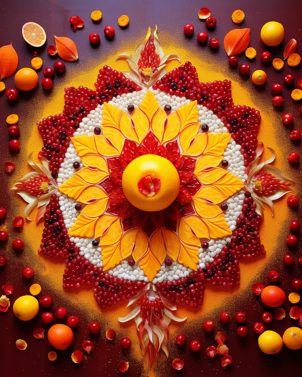 Diwali Mandala with Mango, Pomegranate Seeds, and Red Cherries