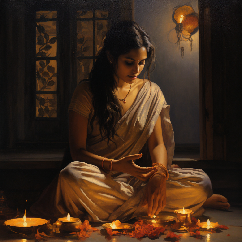 Indian woman painting Diwali scene