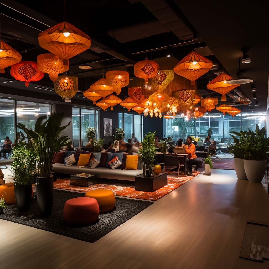 Modern workplace decorated for Diwali celebration