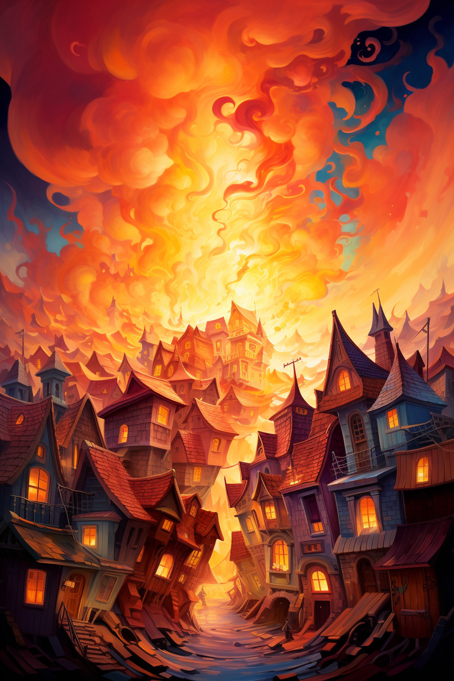 Burning buildings in Dixit Art Style