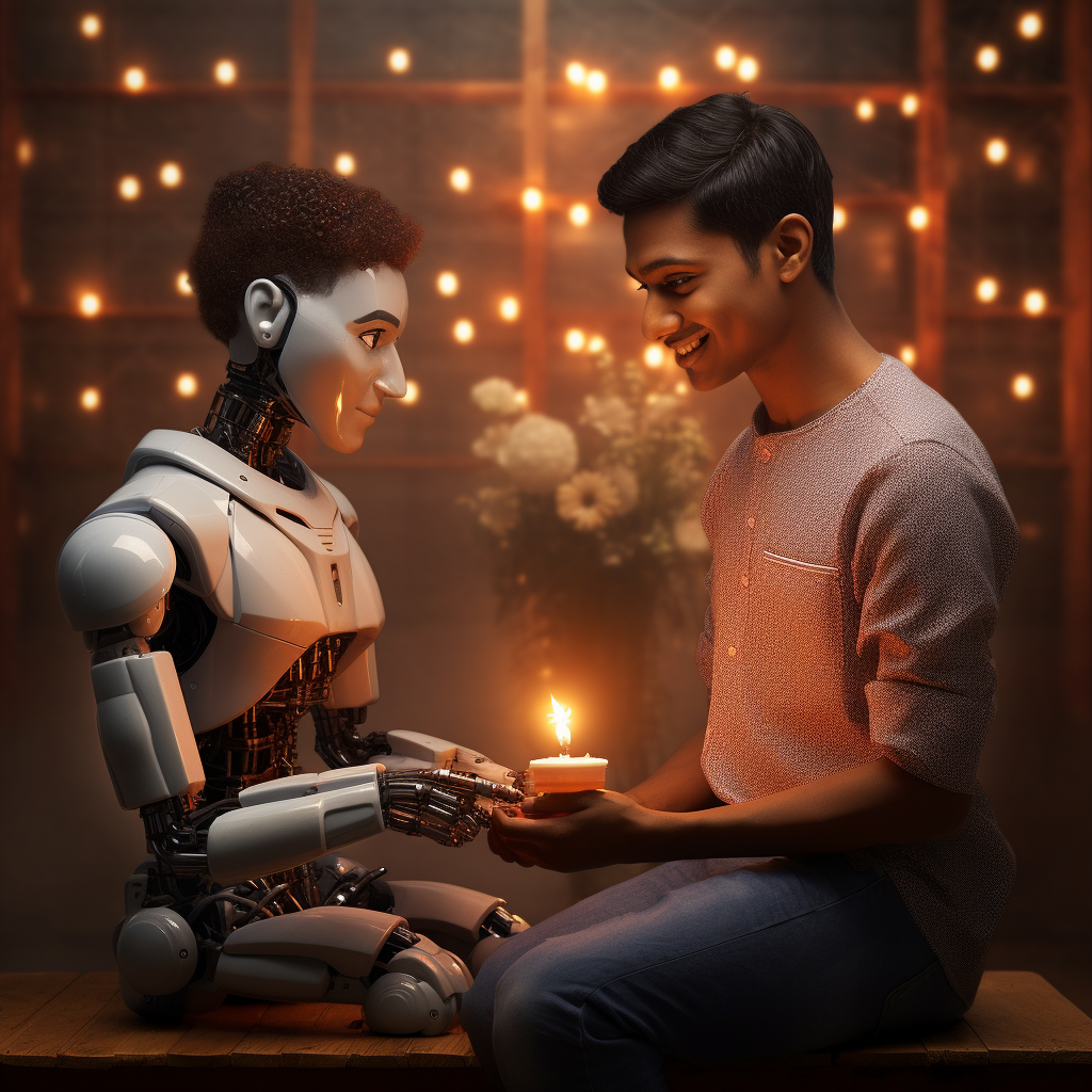 Joyful Diwali celebration with humanoid robot and engineering student  ?