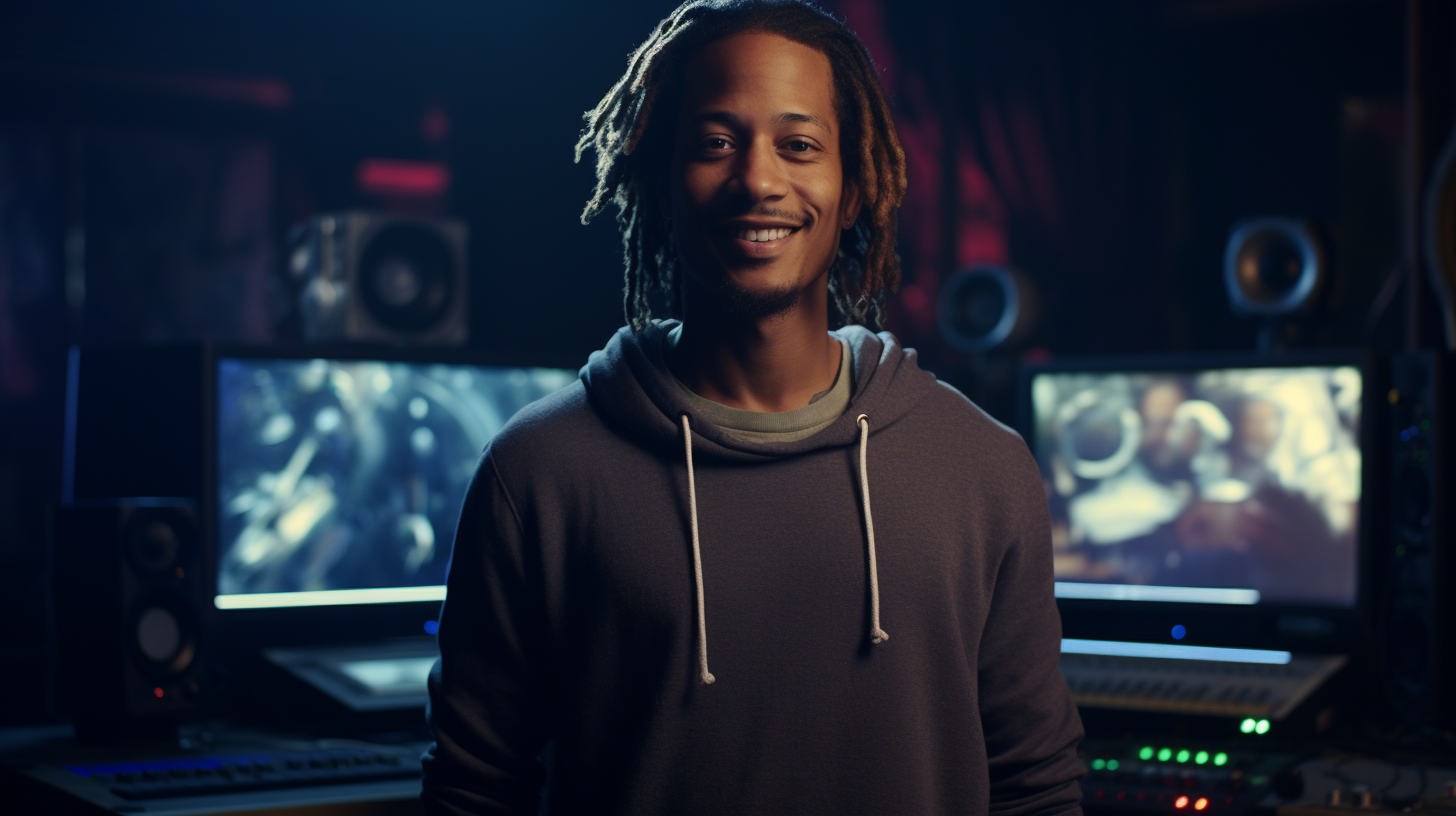 African American DJ Quik in videogame room expressing pleasure