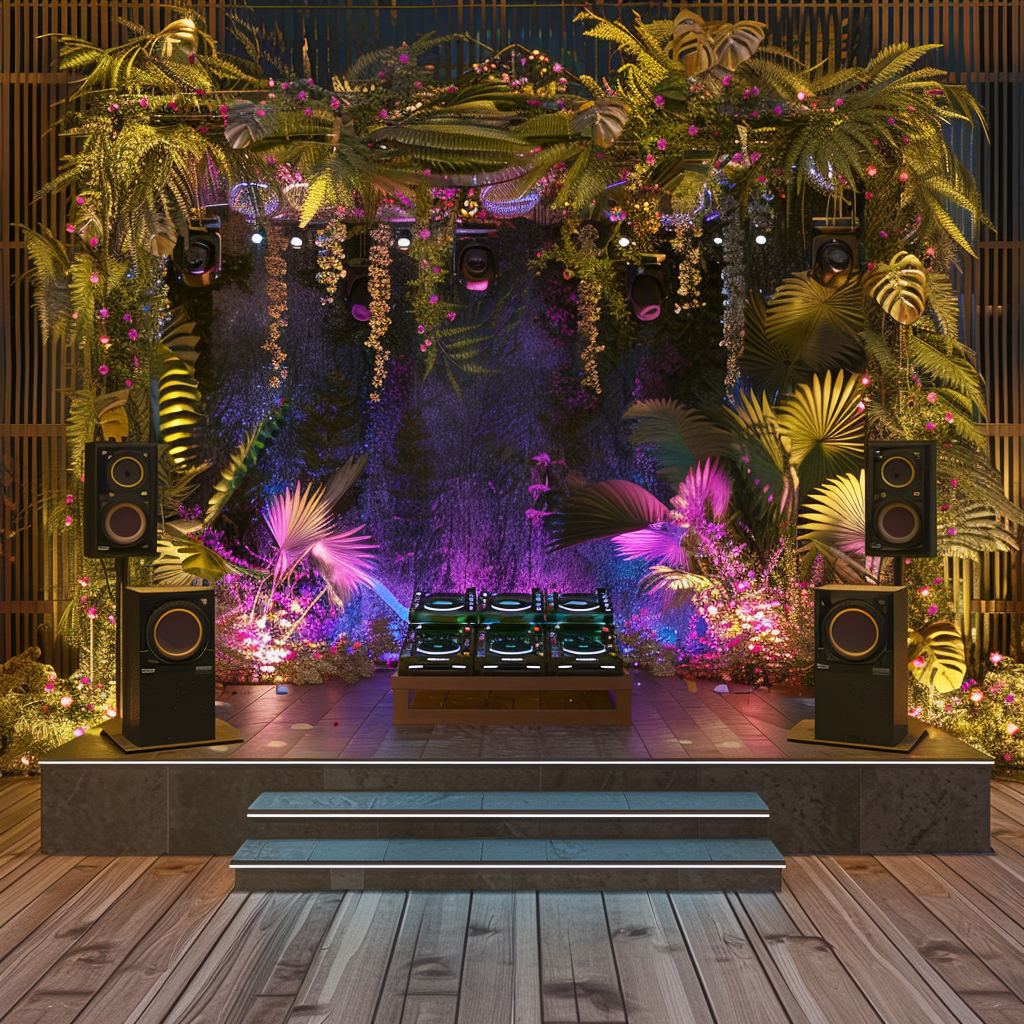 DJ stage with speakers and decorations