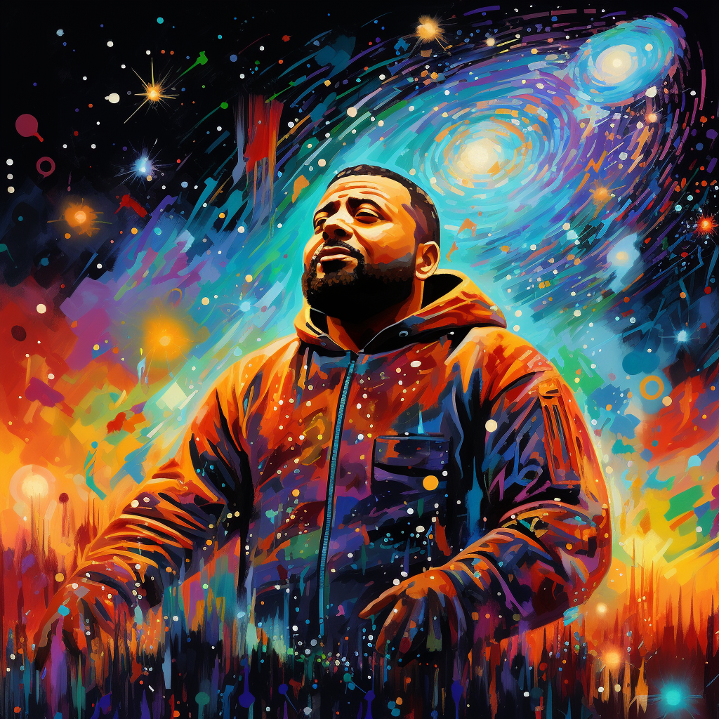 Portrait of DJ Khaled in vibrant cosmos