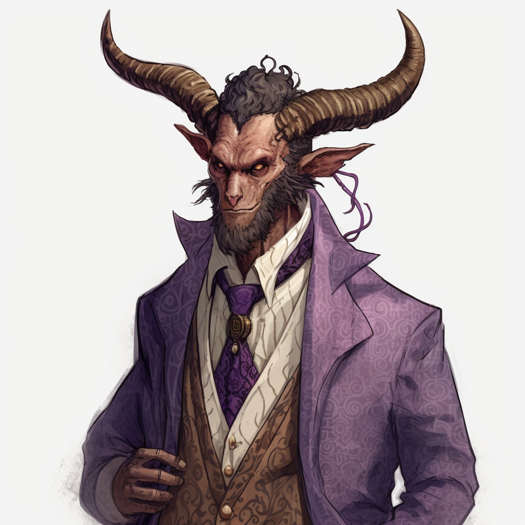 Dungeons and Dragons character with horns and purple eyes