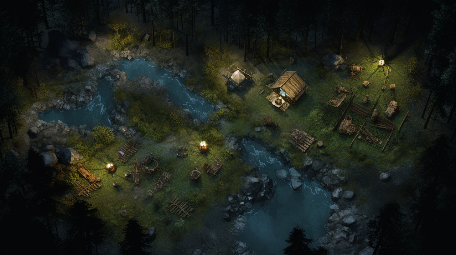 DND style battlemap nighttime campsite guards