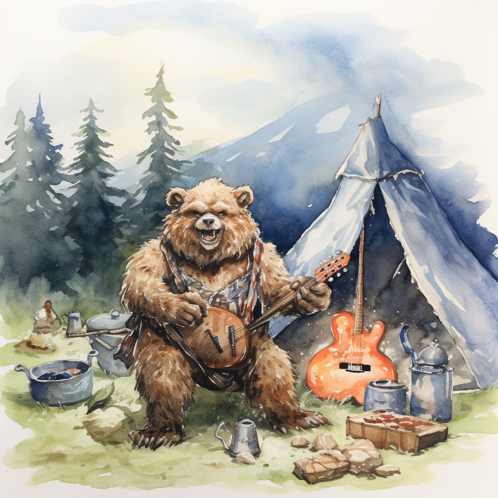 Watercolor illustration of DnD bugbear at campsite