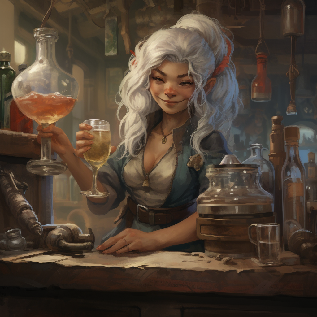 Female gnome bartender in Japanese attire