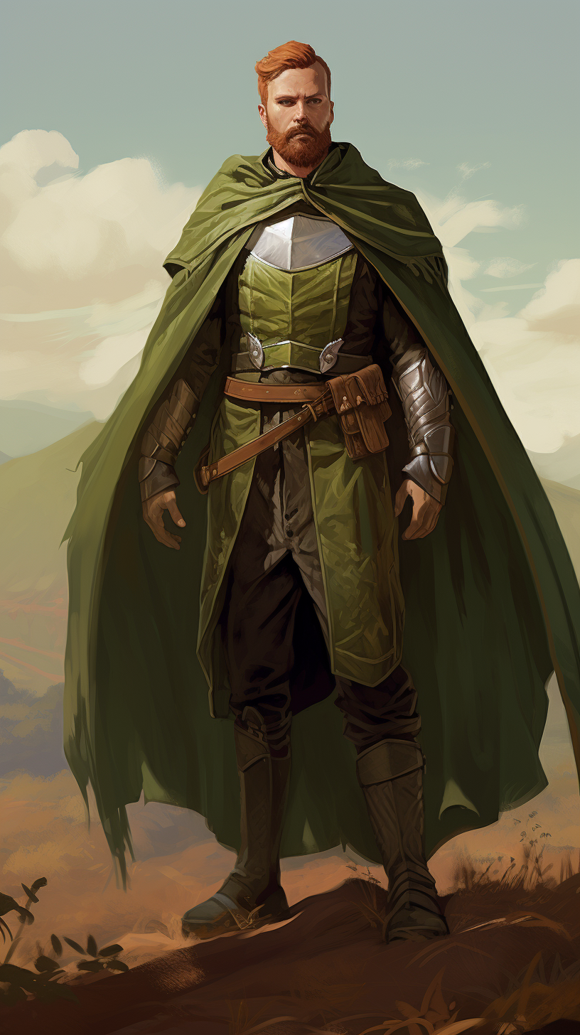 Muscular DND half elf character in green metal armor