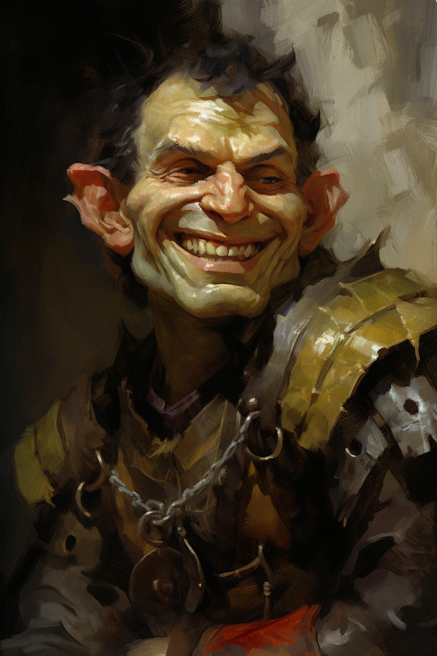 DND hobgoblin male profile oil painting with jolly expression