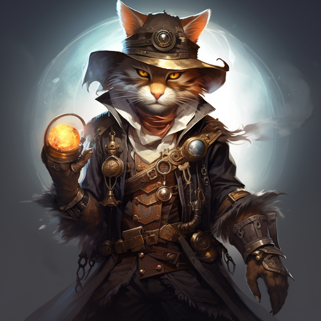 Anthropomorphic cat sorcerer in steampunk fantasy