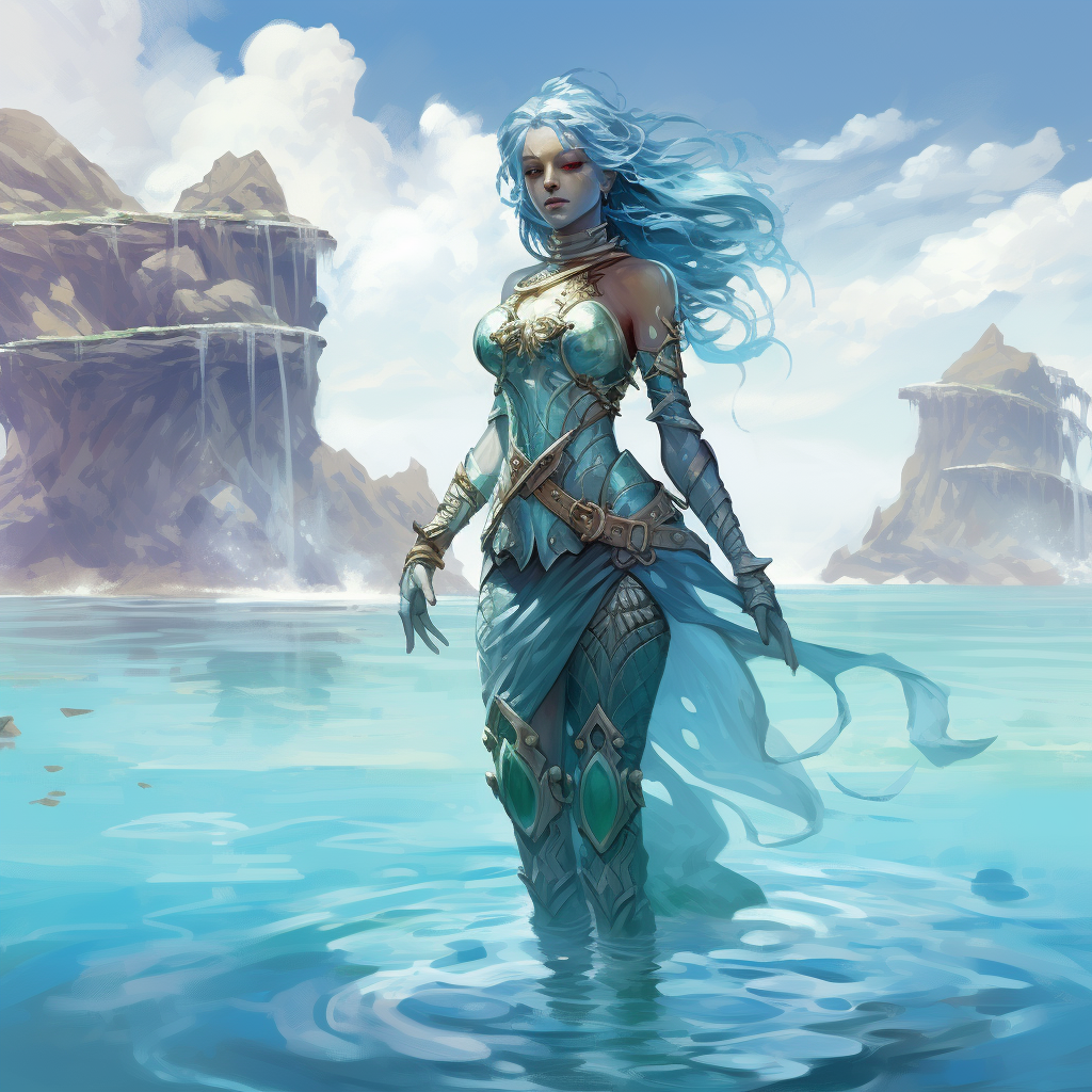 Water humanoid character art in coastal setting