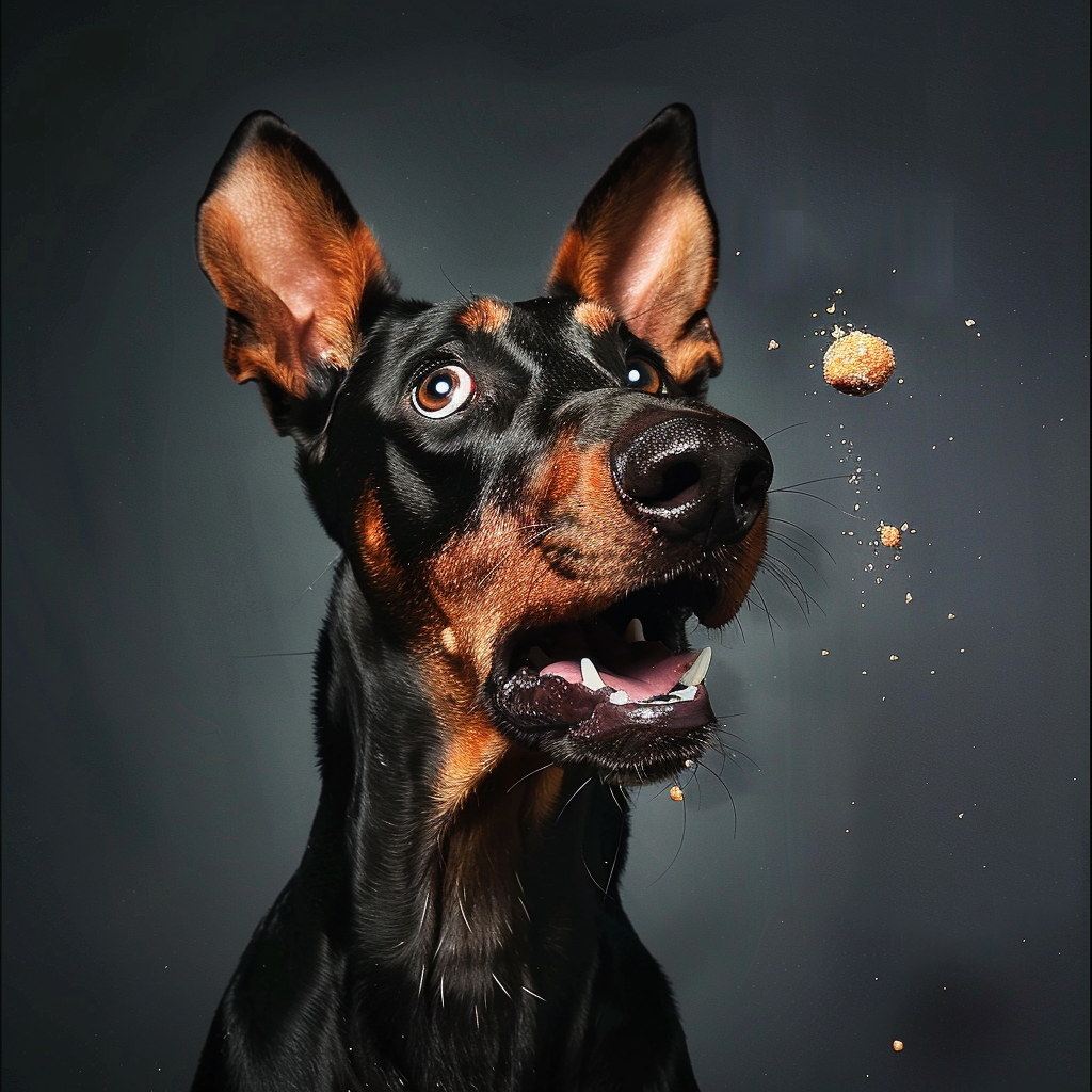 Doberman catching treat with funny face