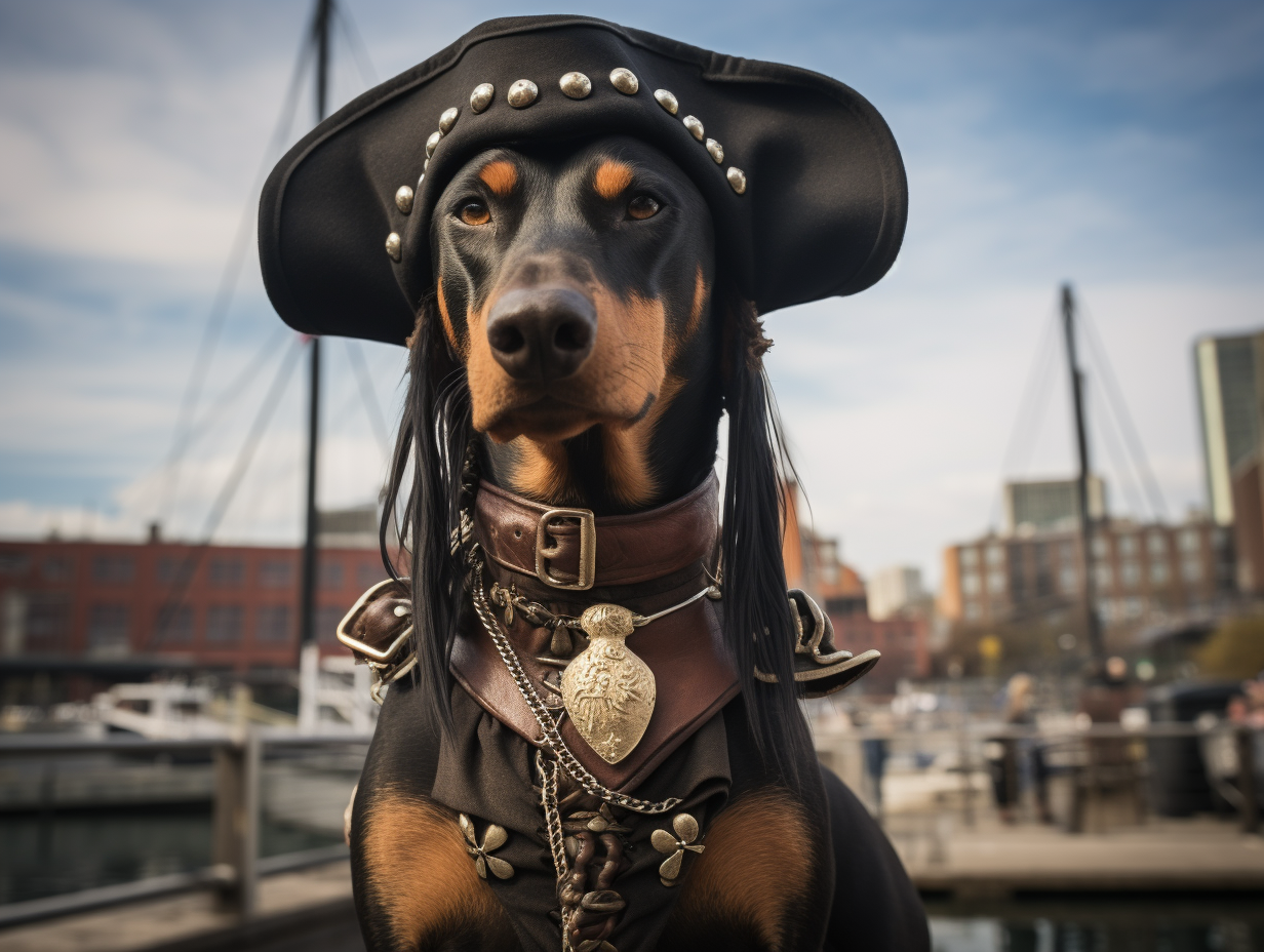 Adorable Doberman dressed as pirate