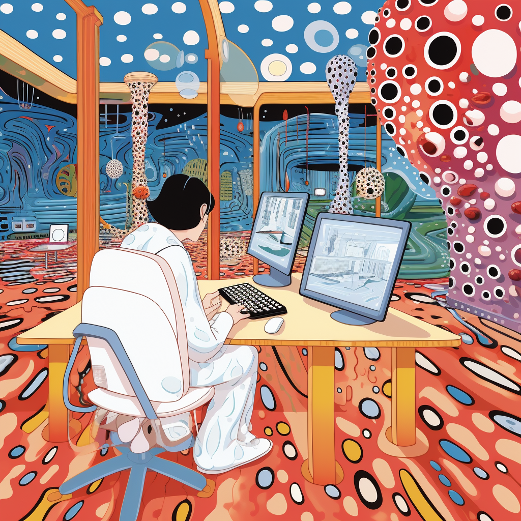 Doctor Using Computer in Hospital, Yayoi Kusama Cartoon