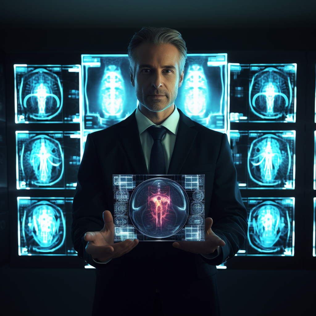 Doctor holding MRI scans with financial symbols