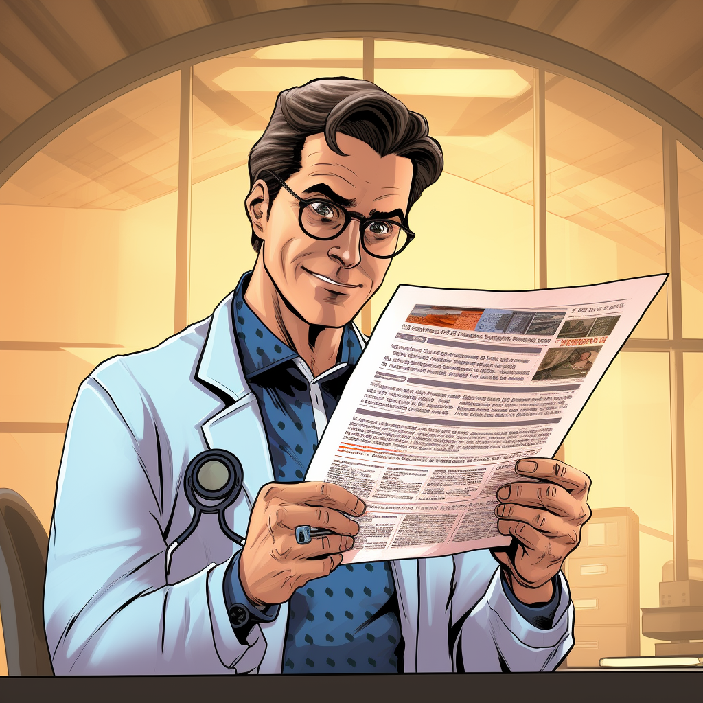 Doctor reading test results comic book style