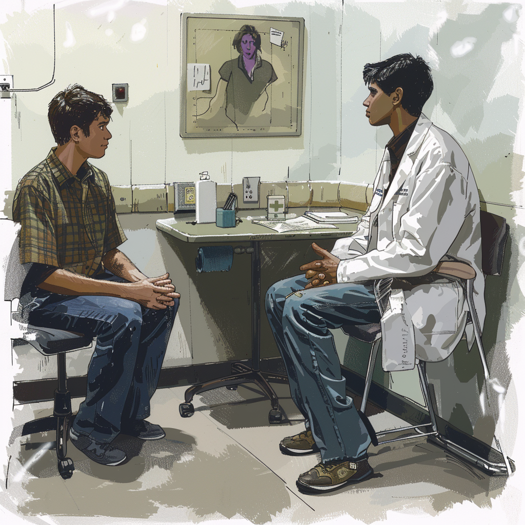 Teen talking to doctor hospital