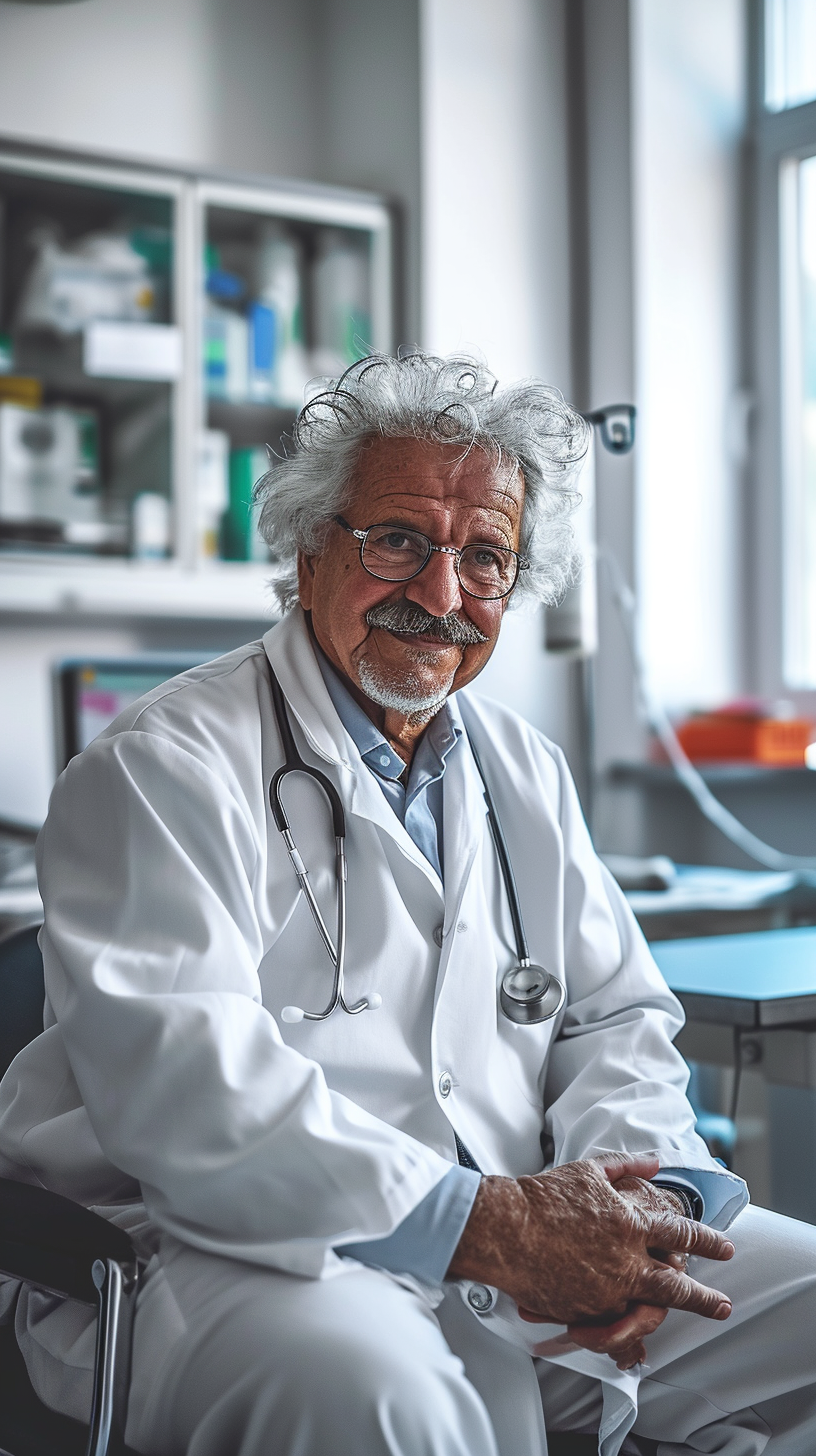 Friendly doctor Einstein in hospital sitting on a chair