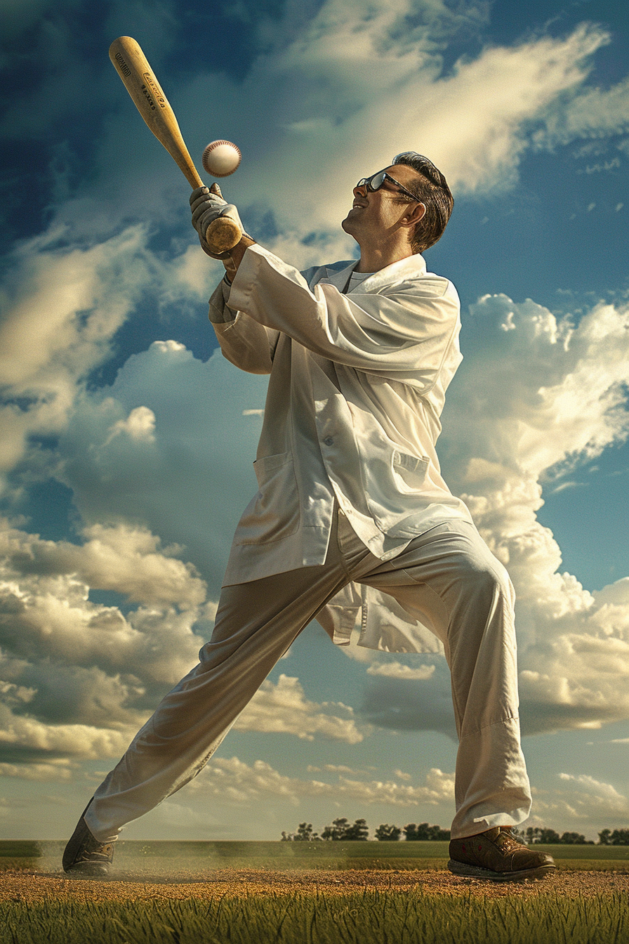 Doctor playing baseball in lab coat