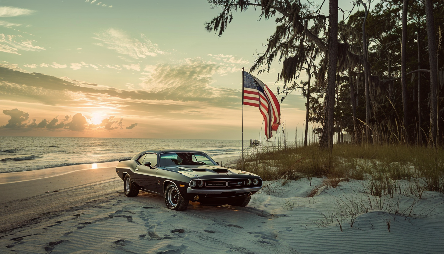 Dodge Challenger on beach with flag