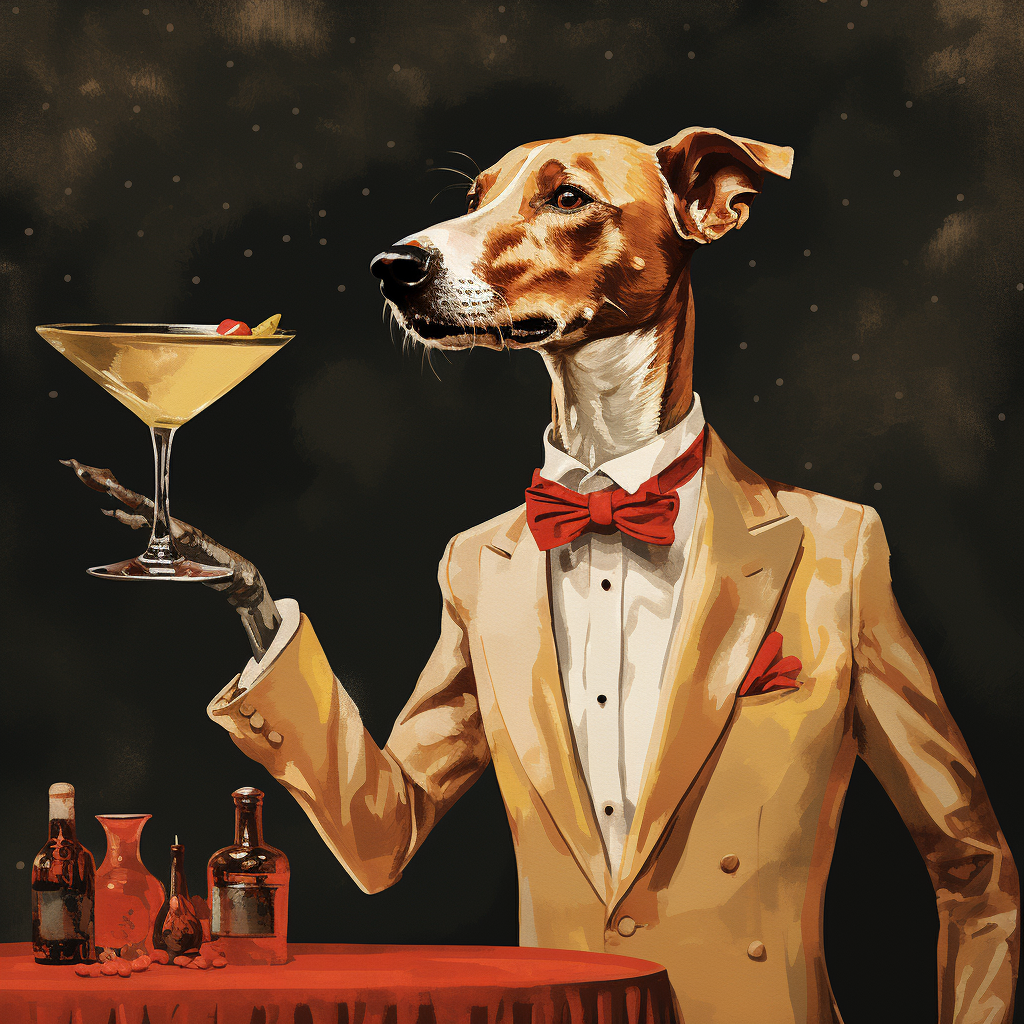 Dog balancing champagne cocktail illustration