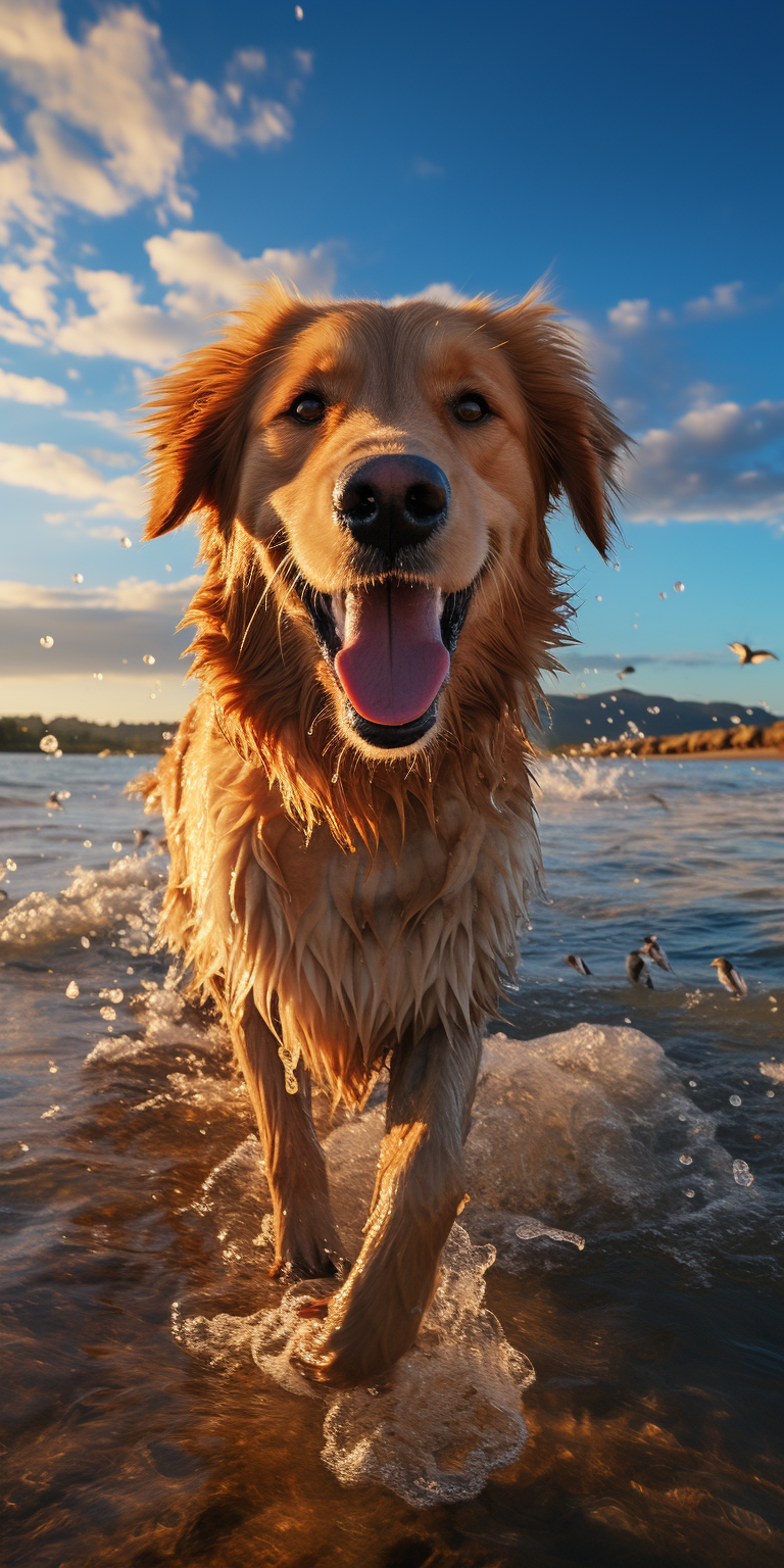 Happy dogs playing with seagulls