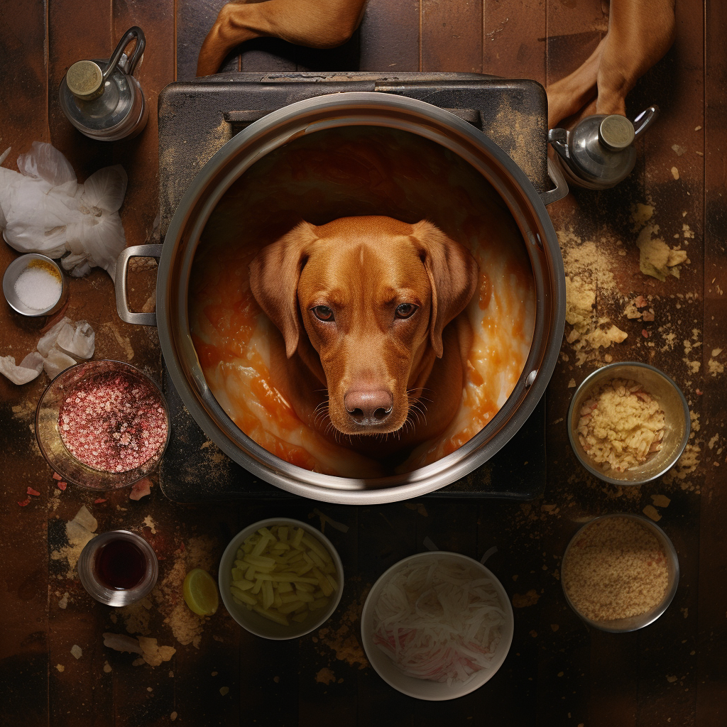 Dog preparing bone broth on metal pot