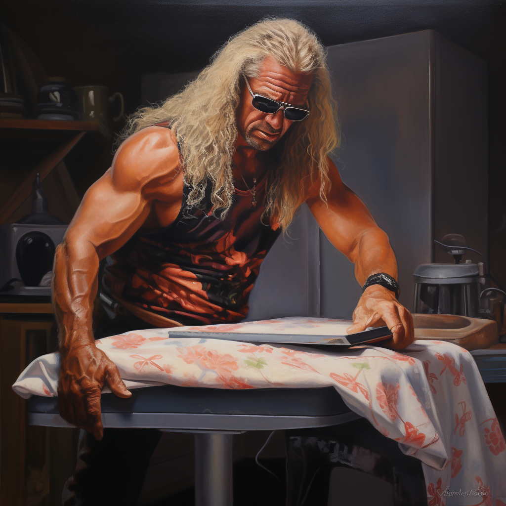 Dog the Bounty Hunter doing keegles on an ironing board