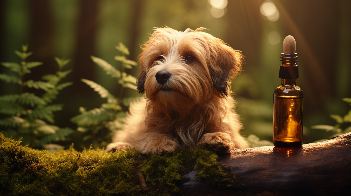 Dog with Brown Bottle in Forest