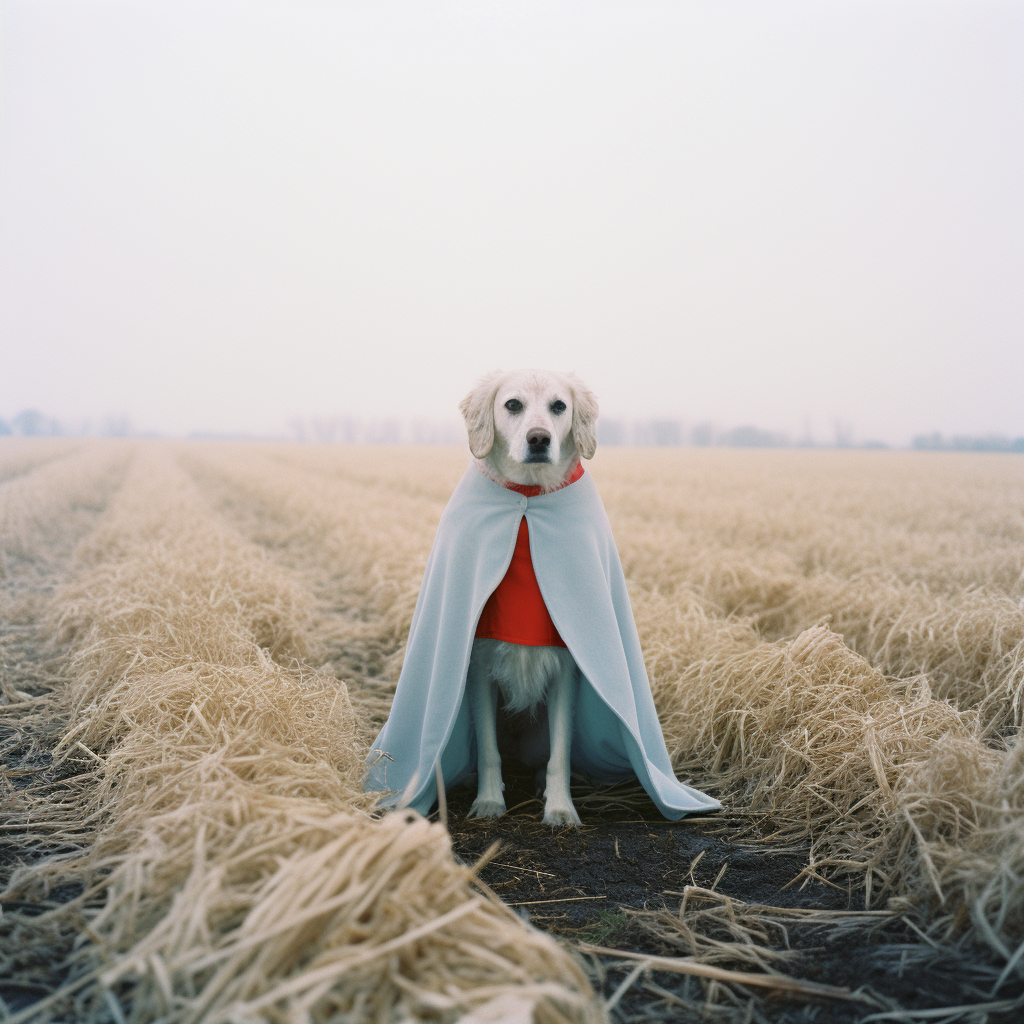 Adorable dog wearing a cape in a ghost-like pose