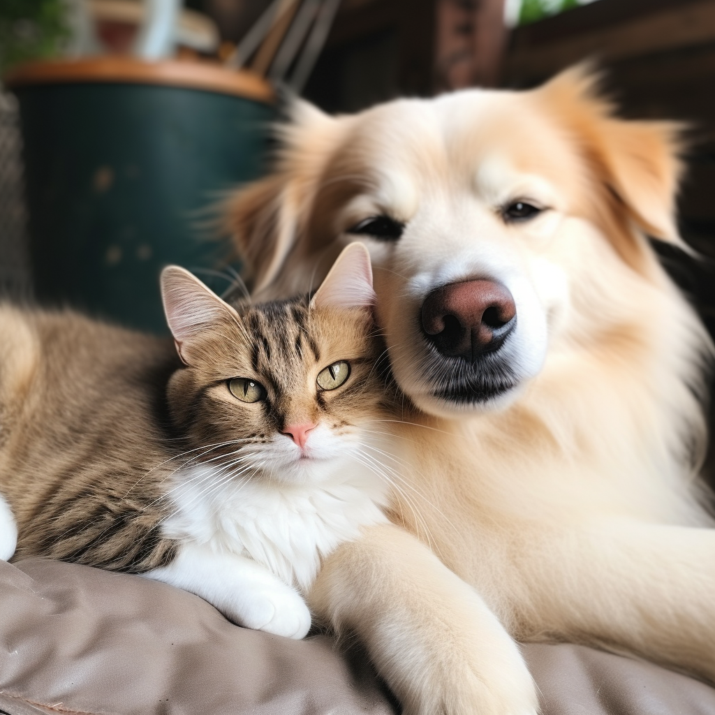 Image of a dog, cat, and human friends