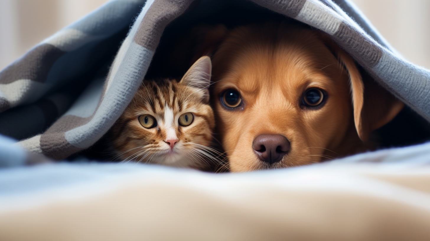 Cute dog and cat under blanket