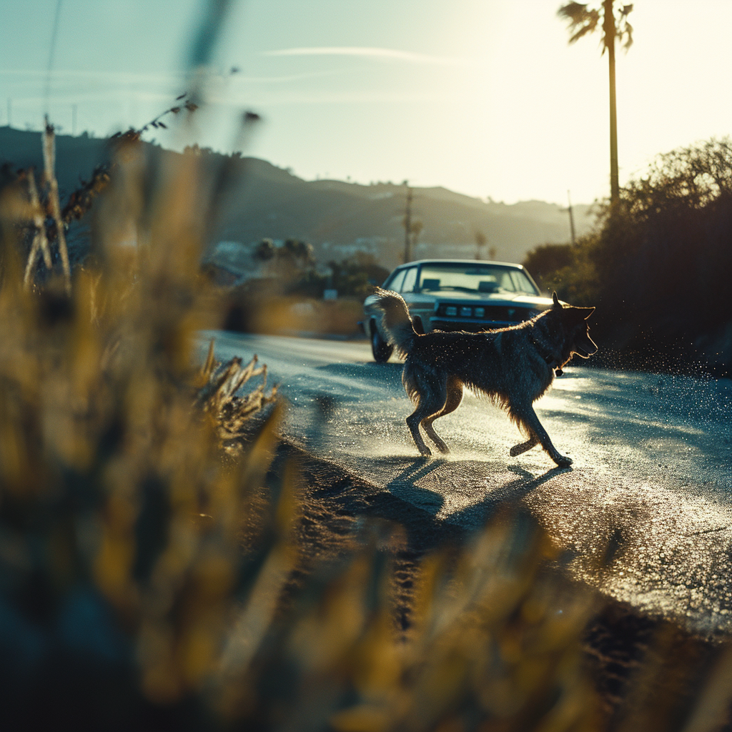 Dog chasing car in cinematic shot